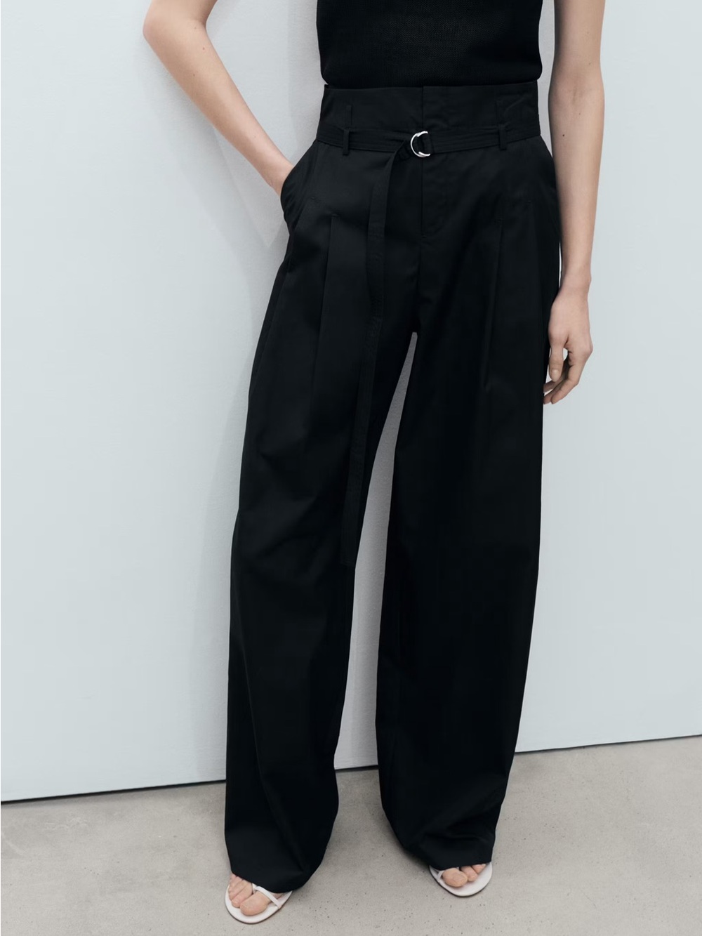 Mango Black Wide-Leg Trousers with D-Ring Belt